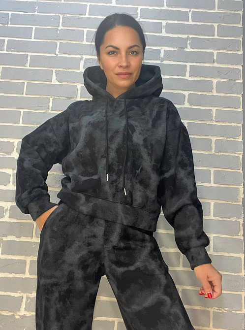 Костюм жіночий Joy One 98596 худі капюшон з джоггерами варений мармуровий утеплений чорний, чорний, L Київ - фото 15
