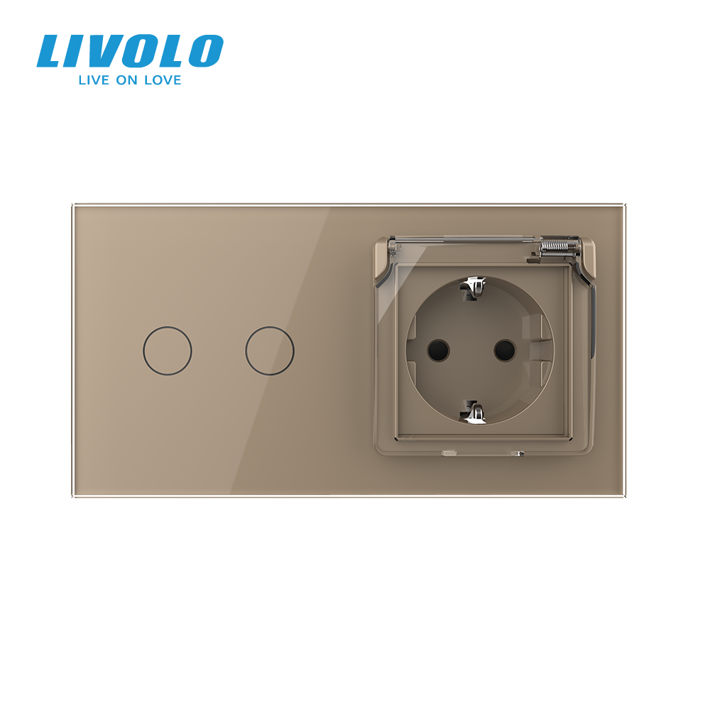 LIVOLO Сенсорний вимикач + подвійна розетка вологозахисна з кришкою IP44, з заземленням, золота Коломыя - изображение 3