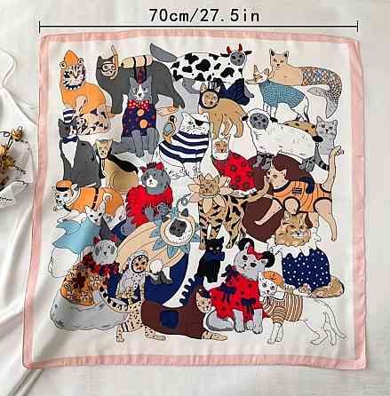 Женский платок на шею с принтом котов 70×70 см, квадратный шарф платок модный аксессуар Киев