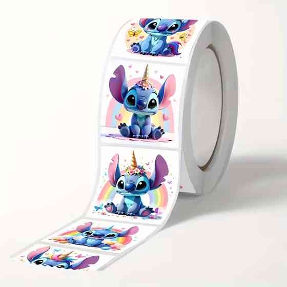 Стікери «Стіч єдиноріг» — рулон 500 шт, Ø2.5 см, милі наліпки для школи, щоденників і пакування Київ