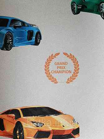 Шпалери вінілові на флізеліні AdaWall Ada Kids метрові дитячі для хлопчиків тачки перегонові машини на сірому Київ