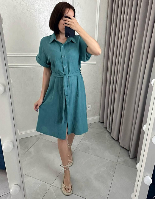 Жіноче легке базове плаття халат із поясом на ґудзиках турецька натуральна бавовна — муслін Оливка, 52/54 Одеса - фото 1