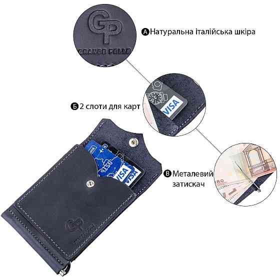 Качественный зажим из натуральной кожи Синий (GRANDE PELLE) Киев