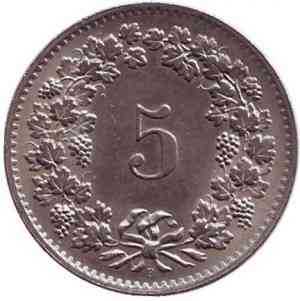 Монета 5 раппенов. 1964,69,71,76 год, Швейцария. Полтава