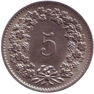 Монета 5 раппенов. 1964,69,71,76 год, Швейцария. Полтава - изображение 1