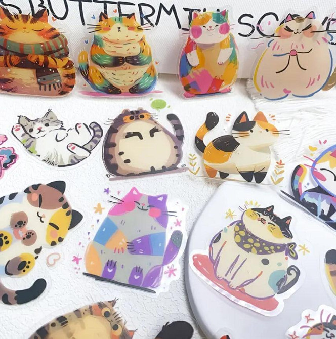 Мультяшные милые кошки, водонепроницаемые виниловые прозрачные наклейки, набор 50 штук. Киев - изображение 3