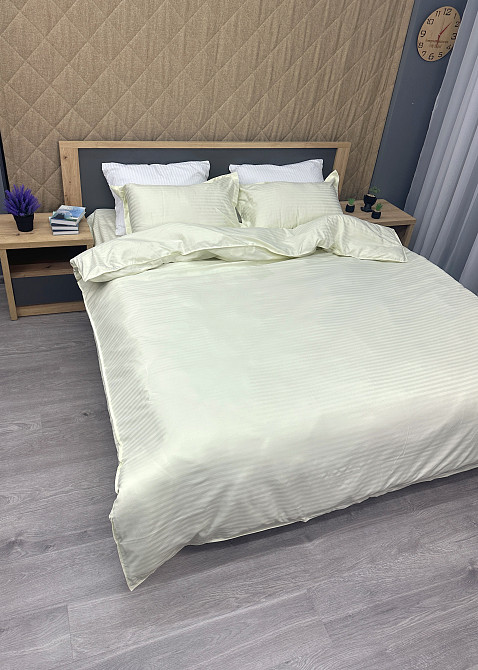 Комплект постільної білизни Страйп-сатин Євро 200х230 з простирадлом на резинці Шампань (88-172) Київ - фото 4