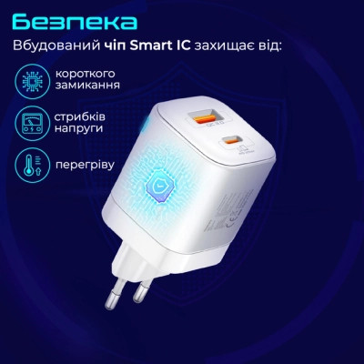 Зарядное устройство Promate USBC PD25W + USBA QC3.0 18W White (powerport-25ac.white) Винница - изображение 7