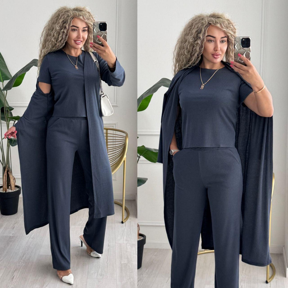 Женский базовый прогулочный костюм тройка: кардиган футболка и штаны трикотажный рубчик Графит, 42/44 Одесса - изображение 1