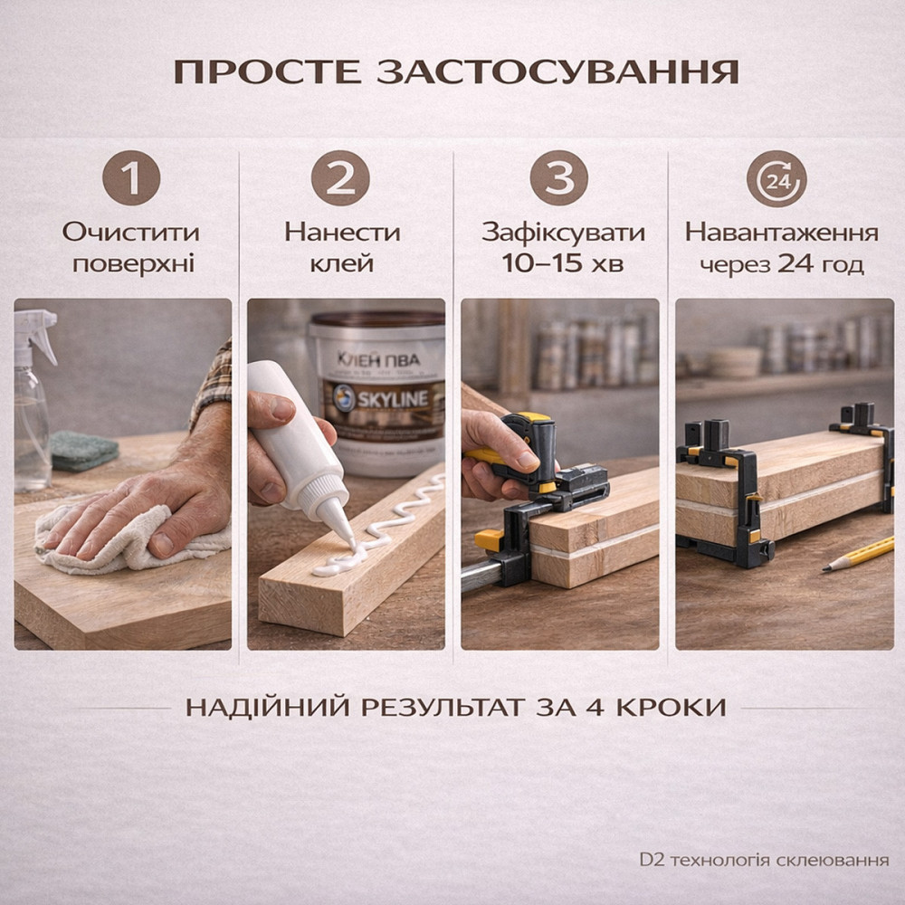 Клей ПВА D2 водостійкий SkyLine 1 кг — універсальний столярний клей для дерева, ДСП, МДФ і меблів Харків - фото 8