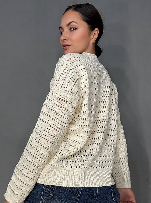 Свитер женский MIX RAY 6766 ажурная вязкая сетка прозрачный оверсайз, молочний, one size Киев - изображение 17