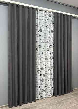 Комплект штор VR-Textil Льон Мішковина 100х270 2шт і Тюль 300х270 1140ш-1791т Графітовий з білим 71-064/1 Київ