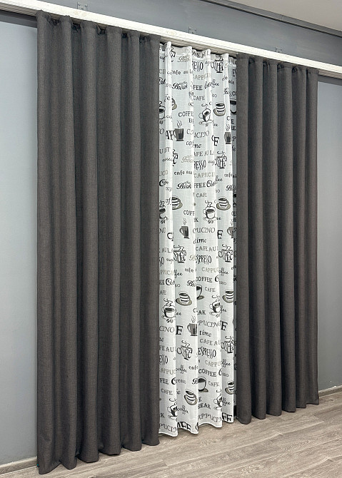 Комплект штор VR-Textil Льон Мішковина 100х270 2шт і Тюль 300х270 1140ш-1791т Графітовий з білим 71-064/1 Київ - фото 3