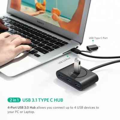 Концентратор Ugreen USB 3.0 to 4xUSB + USB-C plug 1.0m CR113 black (40850) Винница