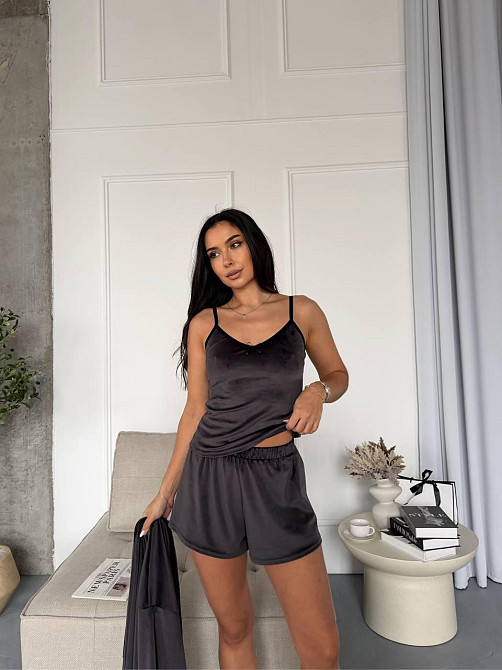 Женский повседневный домашний велюровый комплект тройка: халатик+майка+шорты Одесса - изображение 4