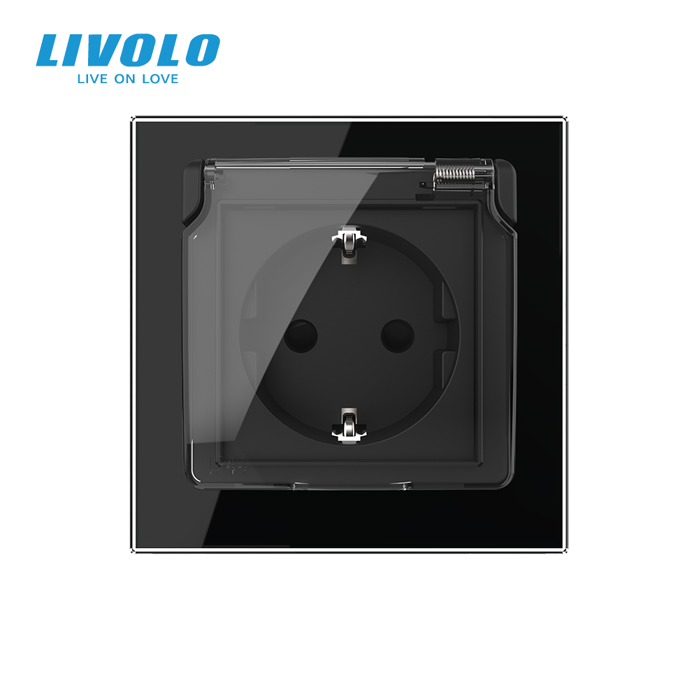 Електрична розетка вологозахисна з кришкою IP44 з заземленням, LIVOLO, чорна, скляна рамка, шторки, 250В 16А (VL-C7C1EUWF-12) Коломыя - изображение 6