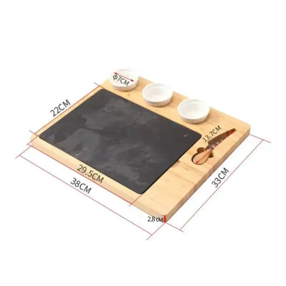 Дошка для сиру і закусок бамбукова з ножем і соусниками, менажниця дерев'яна для нарізки 38x33x2.8 см Кам'янець-Подільський