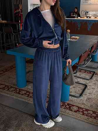 Женский повседневный велюровый костюм двойка: кофта и штаны плотный турецкий велюр Синий, 48/52 Одесса