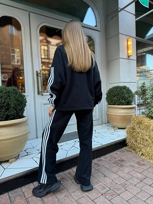 Жіночий теплий костюм у спортивному стилі з лампасами двосторонній фліс Чорний, 46/48 Одеса - фото 4