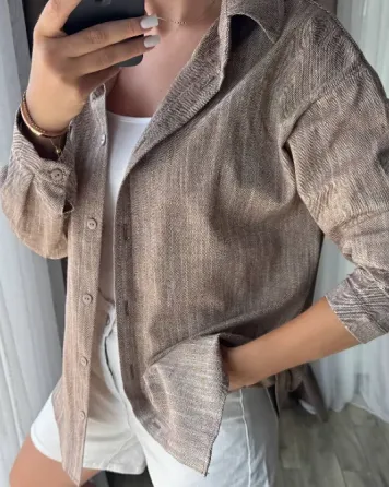 Женская льняная рубашка свободного кроя — мокко, светло-бежевый, светло-серый Одесса