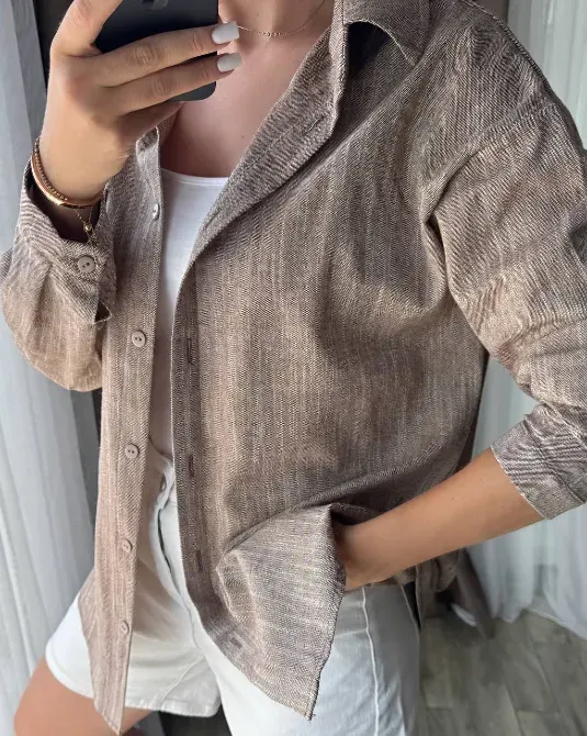 Женская льняная рубашка свободного кроя — мокко, светло-бежевый, светло-серый Одесса - изображение 3