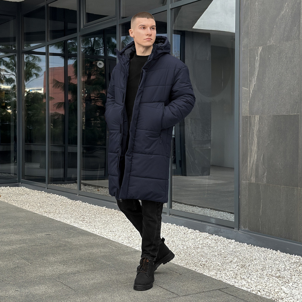 Парка зимова чоловіча куртка подовжена тепла з капюшоном Pobedov Legas темно-синя Одеса - фото 2