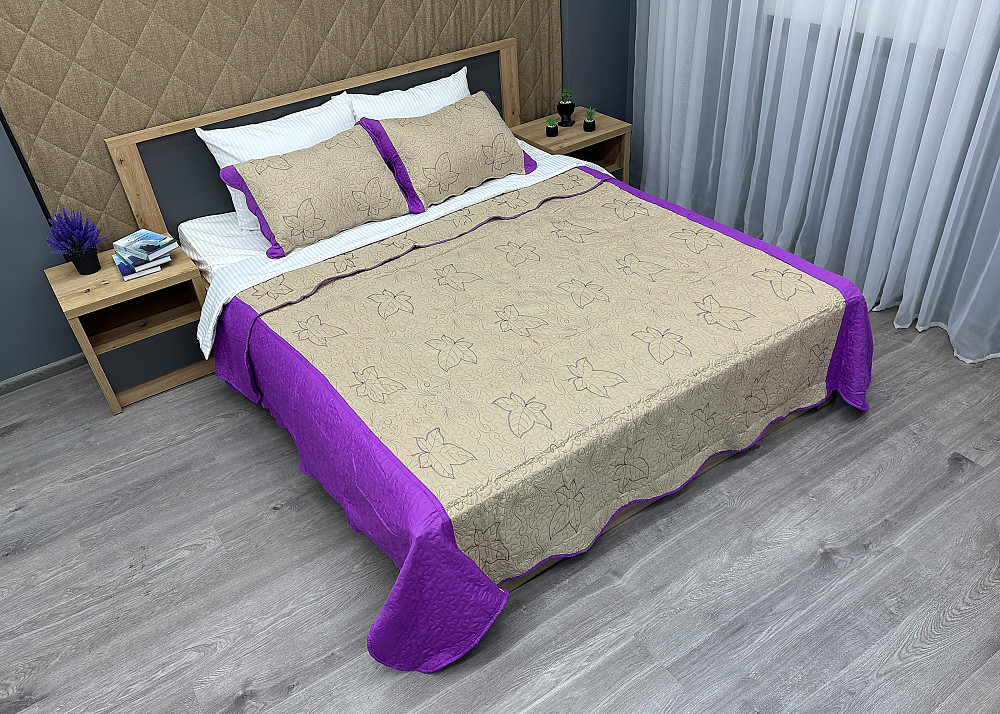 Покривало стьобане з наволочками Expo Trade листя 220x220 (+-10 см) бежевий з лавандовим (85-148) Київ - фото 2