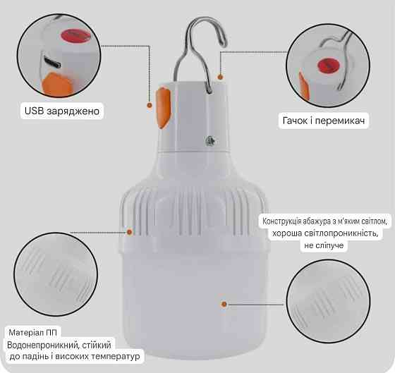 Аккумуляторный фонарик 5 V 60W светодиодный с USB разъёмом для кемпинга 12.5 на 6.5 см белый Киев