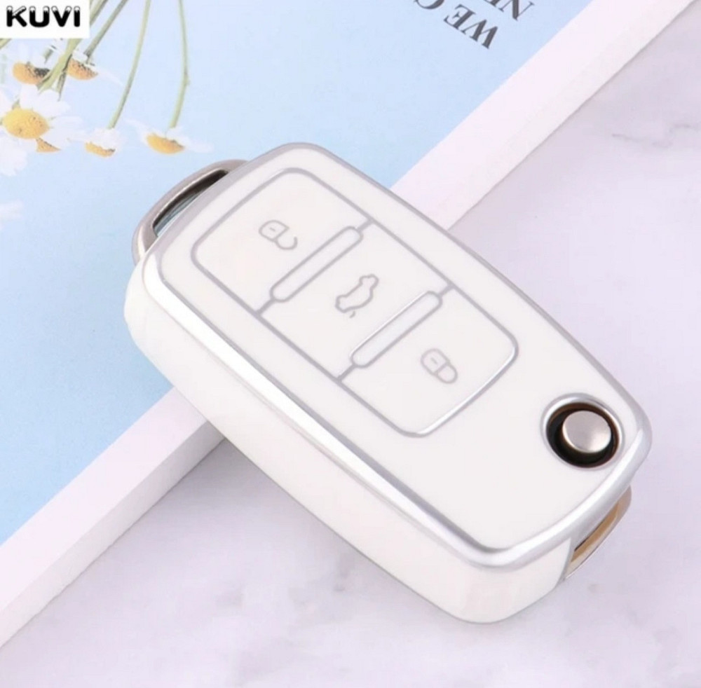 Захисний чохол для автомобільного ключа Volkswagen на 2 і 3 кнопки Білий зі сріблом на 3 кнопки Смела - изображение 1