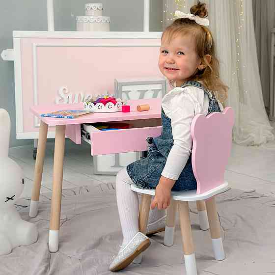 Стіл прямокутний з шухлядою 46х60х45 і стілець медвежа 26х26х24, столик та стільчик для дитячої кімнати, рожевий з білим Київ