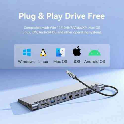 USB-хаб Vention Multi-function USB-C to HDMI/VGA/USB-C Gen 1/USB 3.0x2/USB 2.0/RJ45/SD/TF/TRRS 3.5mm/PD Docking Station 0.25m Киев