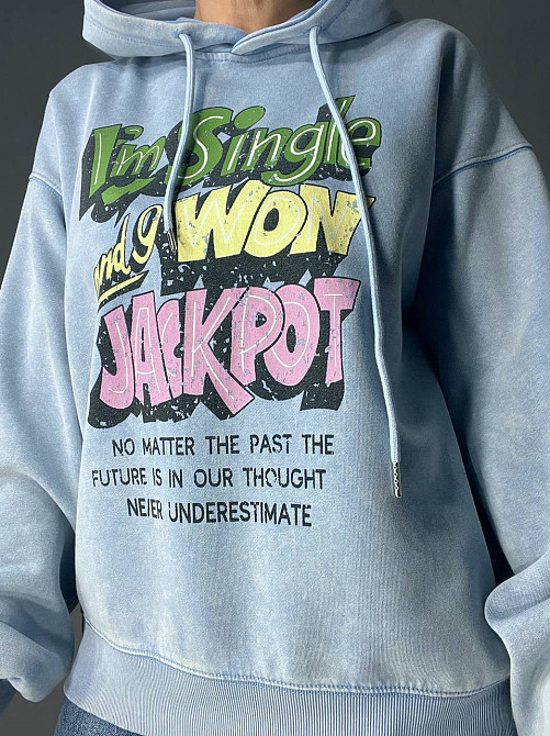 Худи женский A-N 25040 удлиненный оверсайз с капюшоном вареный дай цветная надпись впереди one size, голубой, one size Киев - изображение 15