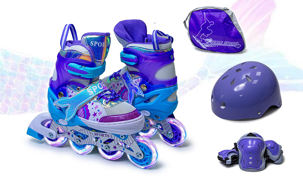 Детские ролики с защитой и шлемом Scale Sports The Little Mermaid. Фиолетовый комплект. Размер 34-37 Одесса - изображение 1