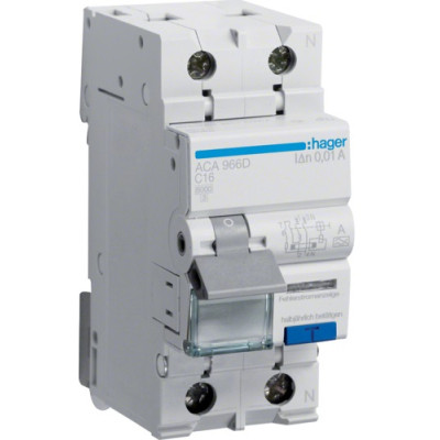 Диференціальний автоматичний вимикач Hager 1-п.+N 16A C 10mA (6kA) A (B) (ACA966D) Вінниця - фото 1