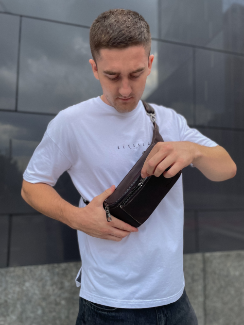 Сумка-бананка из кожи 24х11х8, мужской мел для гаджетов на пояс CH-7371 коричневая Киев - изображение 9