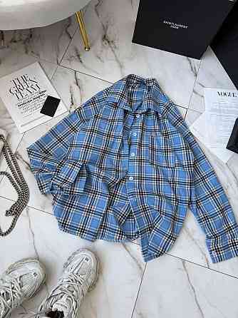Женская стильная оверсайз рубашка в клетку фланель 100% коттон Голубой Одесса
