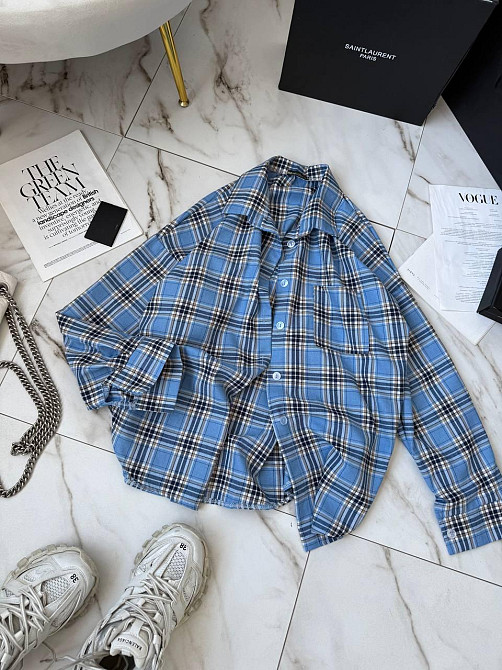 Женская стильная оверсайз рубашка в клетку фланель 100% коттон Голубой Одесса - изображение 1