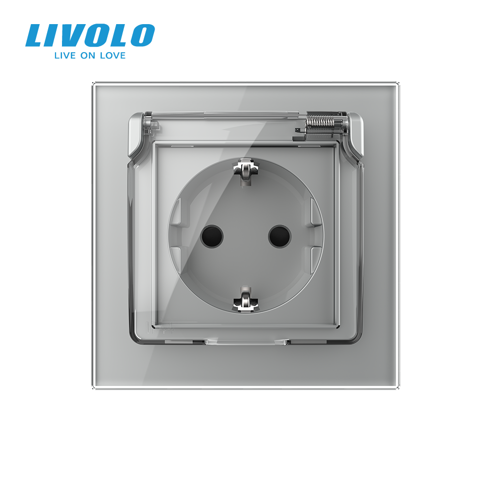 Електрична розетка вологозахисна з кришкою IP44 з заземленням, LIVOLO, сіра, скляна рамка, шторки, 250В 16А (VL-C7C1EUWF-15) Коломыя - изображение 10