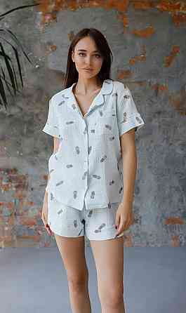 Піжама жіноча муслінова шорти і сорочка М Ананас Блакитний Харків