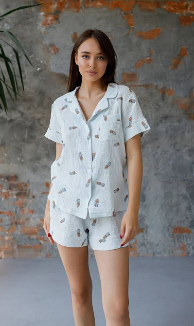 Піжама жіноча муслінова шорти і сорочка М Ананас Блакитний Харків - фото 2