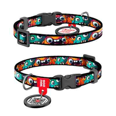 Нашийник для тварин WAUDOG Nylon з QR паспортом "Зубасті монстри" для котів та дрібних порід собак, XS (278-4048) Вінниця