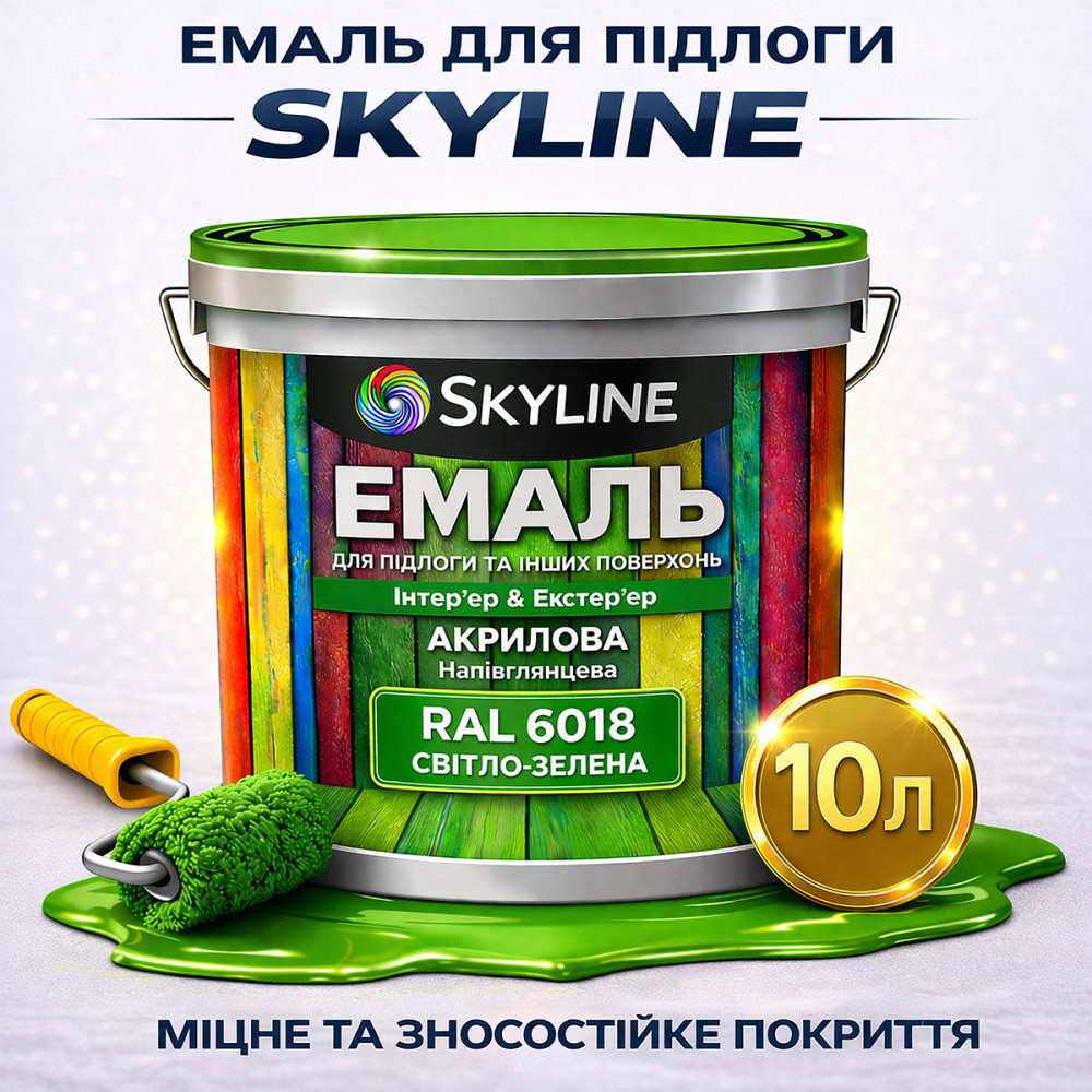 Фарба для підлоги SkyLine RAL 6018 Світло-зелена, вологостійка, зносостійка, без запаху, для дерева та бетону, 10 л Харків - фото 1