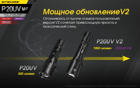 Тактичний ручний ліхтар Nitecore P20UV v2 з білим та ультрафіолетовим світлом Вінниця