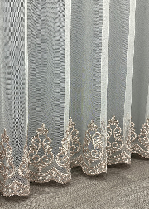 Тюль VR-Textil 1695т Грек-сетка с вышивкой и люрексом Молочный с пудровым 300х270 см (42-0736) Киев - изображение 8