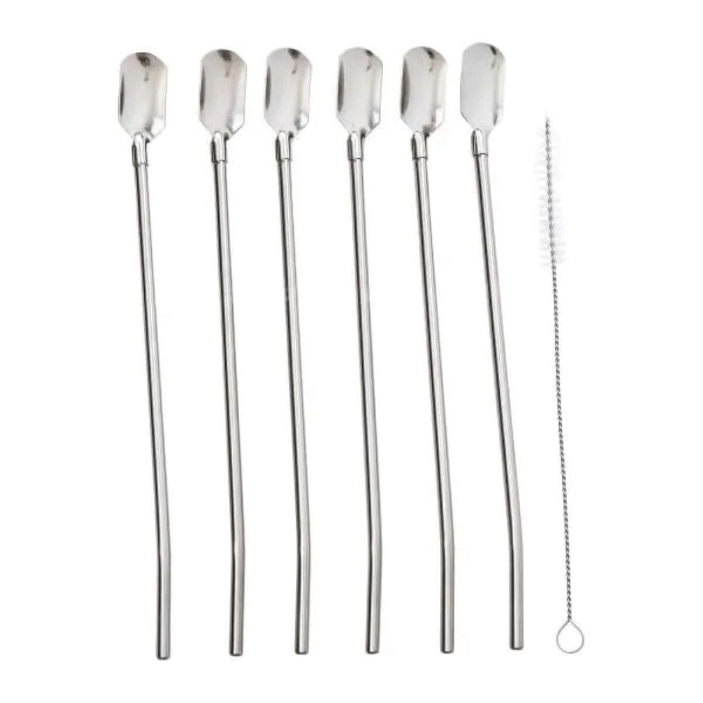 Набір багаторазових ложок-трубочок 6 шт для напоїв 22 см зі щіткою для миття з нержавіючої сталі Сірий HP-20-19 Київ - фото 1