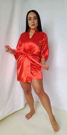 Комплект атласный женский халат с пижамой майка и шорты Красный M Харьков