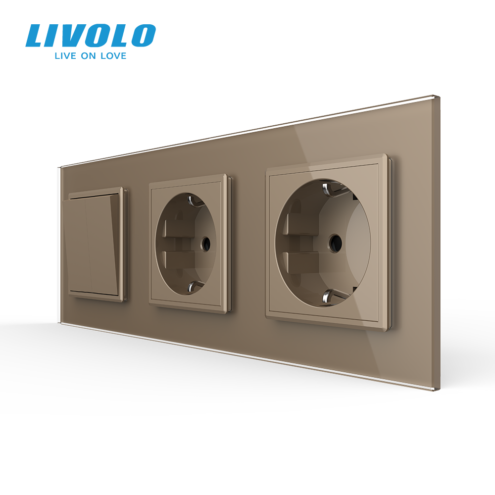 LIVOLO Двоклавішний вимикач з подвійною розеткою Livolo золотий скло (VL-C7C2EUK2-13) Коломыя - изображение 1