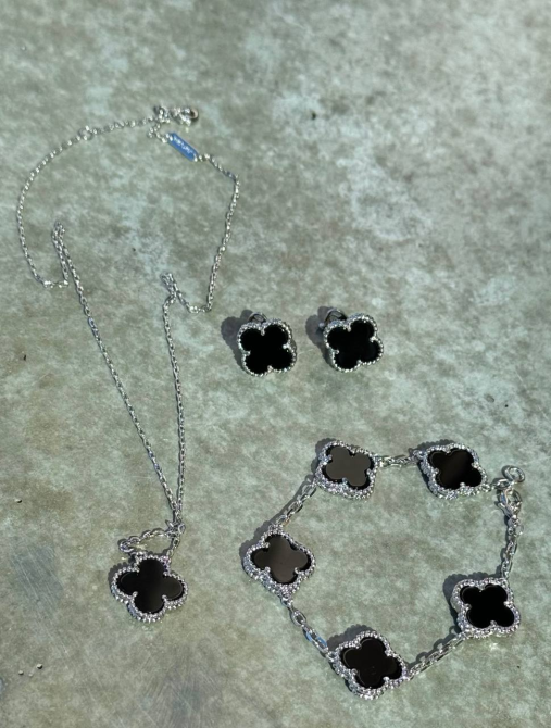 Van Cleef набір 3 предмети / чорна емаль, покриття срібло 925 / підвіска, сережки, браслет Одеса - фото 5