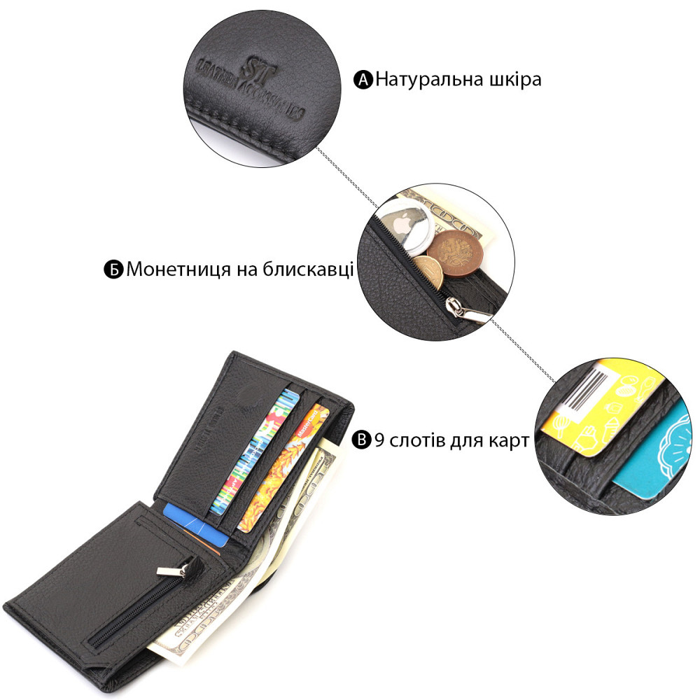 Чоловіче портмоне з натуральної шкіри Чорний (ST Leather) Київ - фото 8
