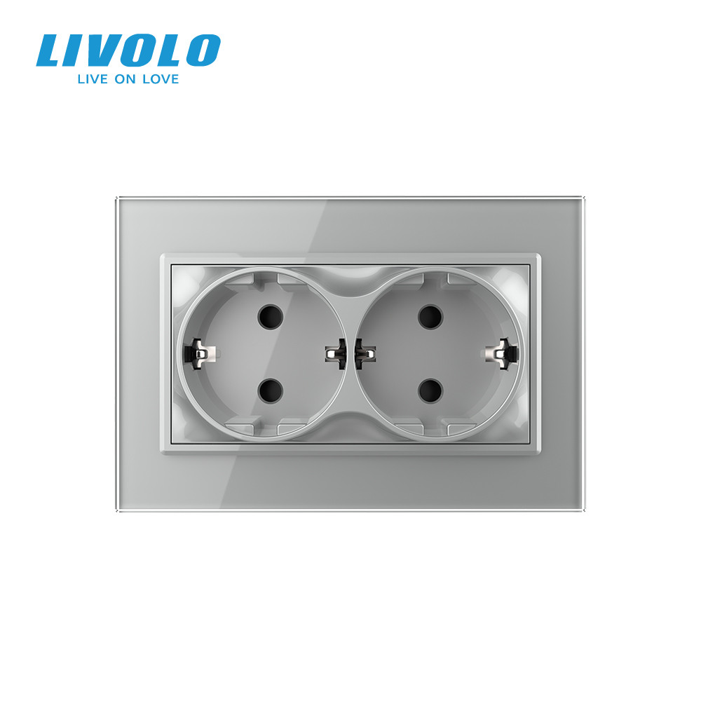 LIVOLO Подвійна електрична розетка в один підрозетник з заземленням LIVOLO, сіра, скляна рамка, Коломия - фото 8